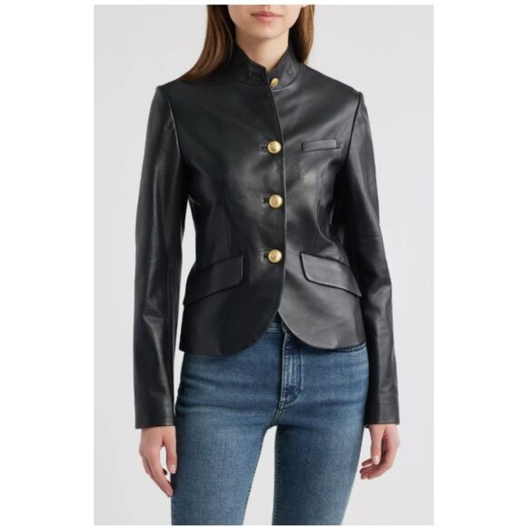 Rag & Bone Women's Black Sadie Crop Leather Blazer Gold Buttons Size 12 - Picture 3 of 7